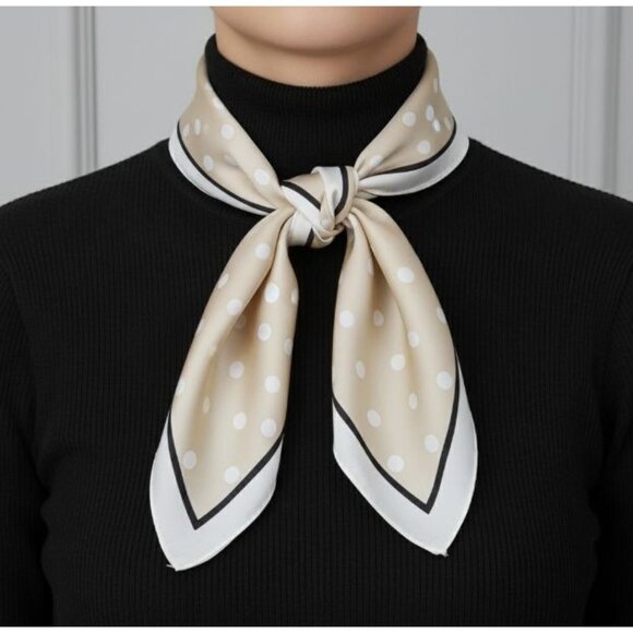 ⭐Elegant Bandana Square Scarf Silky Satin Soft Beige Dots Versatile Neck wrap - Picture 1 of 7